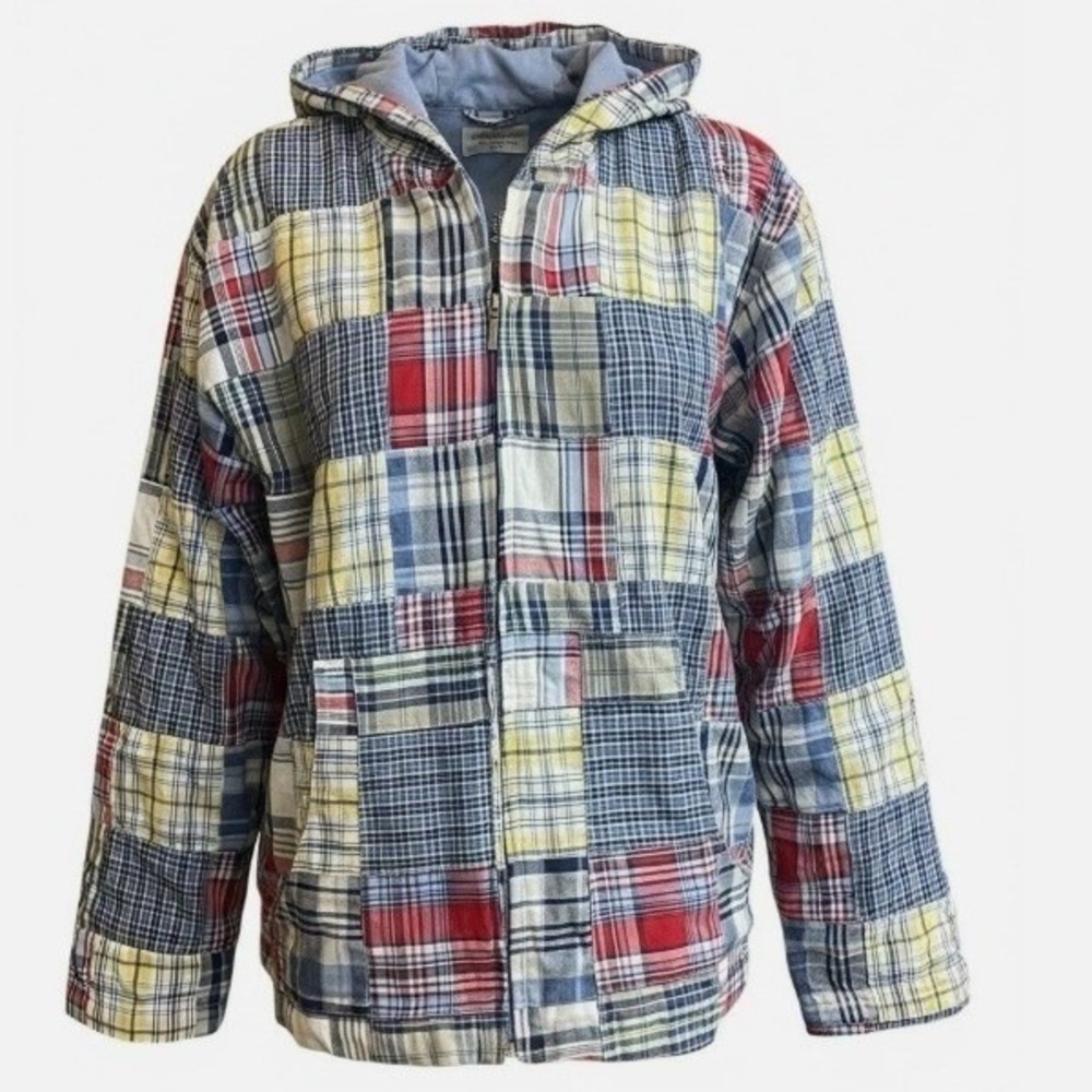VTG Serengeti Madras Patchwork Plaid Full Zip Hoodie Jacket Women L #70Z